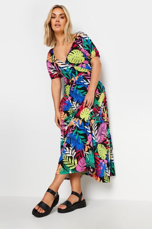 Plus Size  YOURS Curve Black Rainbow Leaf Print Wrap Dress