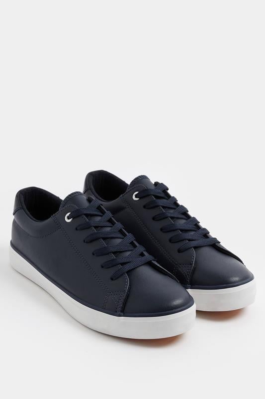  Yours Navy Blue Faux Leather Lace Up Trainers In Extra Wide EEE Fit