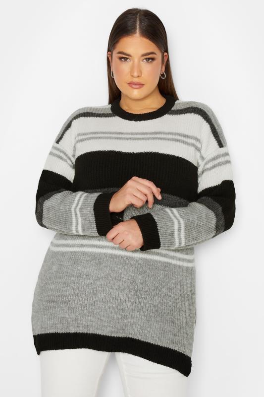 YOURS LUXURY Plus Size Grey Stripe Longline Jumper | Yours Clothing 1