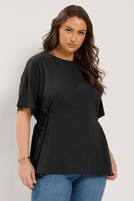 YOURS Plus Size Black Side Tie T-Shirt | Yours Clothing 1