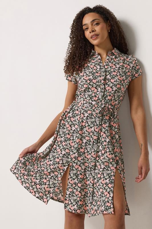  M&Co Black & Pink Floral Tie Waist Shirt Dress