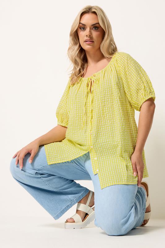 YOURS Plus Size Yellow Gingham Puff Sleeve Blouse | Yours Clothing 1
