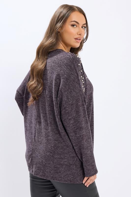 YOURS Plus Size Purple Pearl Embellished Drop Shoulder Jumper | Yours Clothing 2