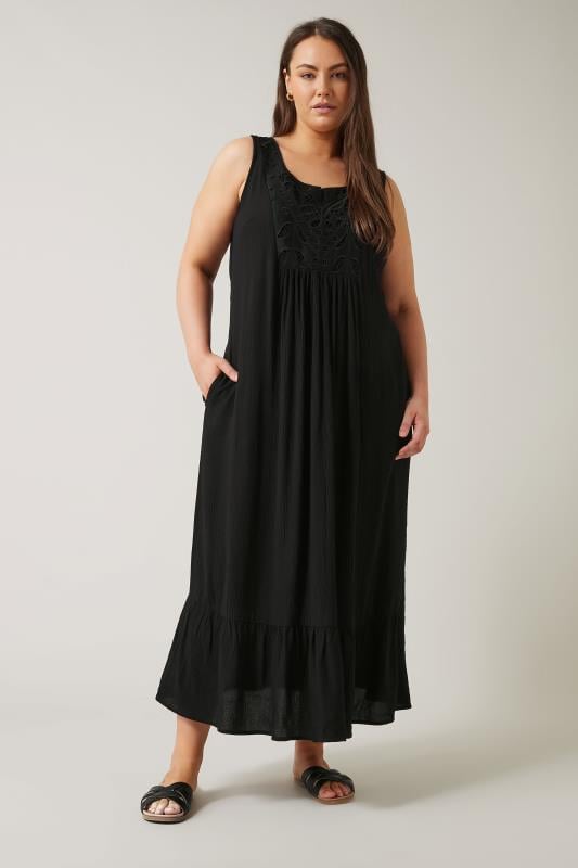 Plus Size  EVANS Curve Black Crinkle Broderie Maxi Dress