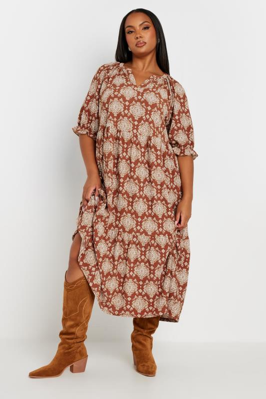 YOURS Plus Size Rust Orange Tile Print Tiered Midi Dress | Yours Clothing 2