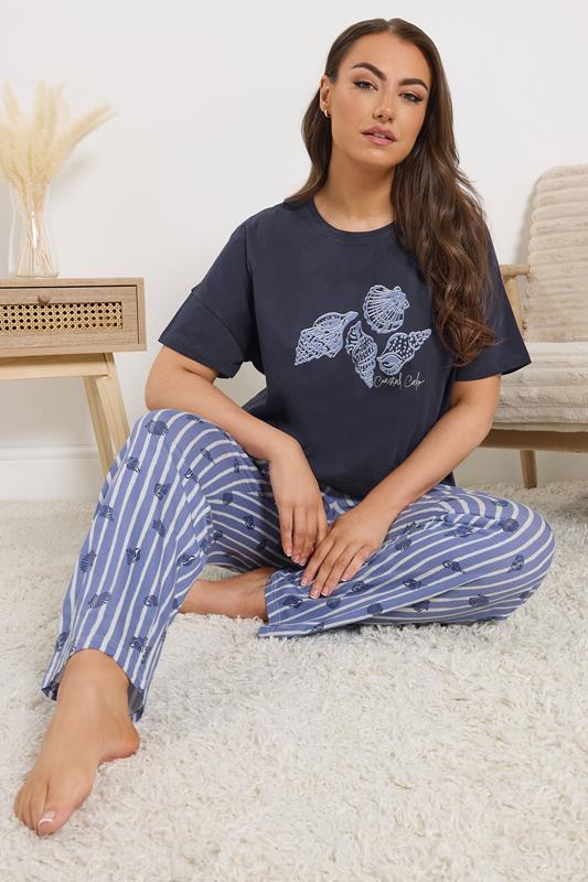 YOURS Curve Blue 'Coastal Calm' Stripe Pyjama Set