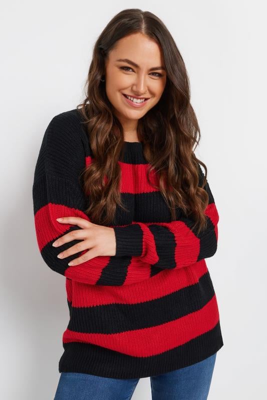 YOURS Plus Size Black & Red Stripe Knitted Jumper | Yours Clothing 1