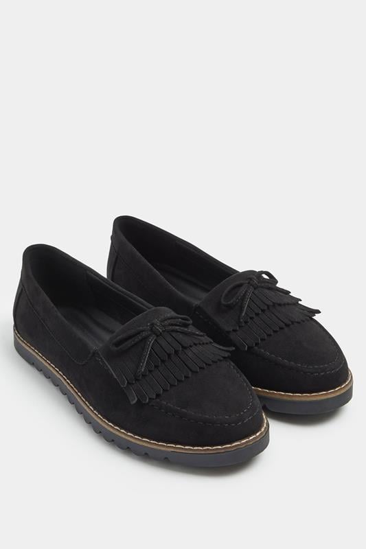  Yours Black Faux Suede Fringe Loafers In Wide E Fit