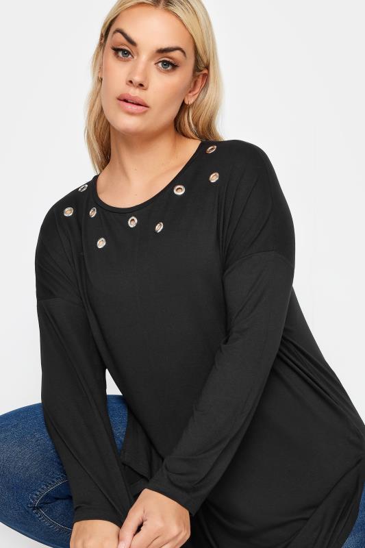 YOURS Plus Size Black Eyelet Detail Oversized Long Sleeve T-Shirt | Yours Clothing 4