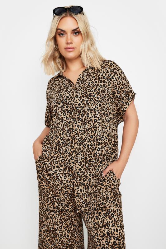 YOURS Plus Size Brown Leopard Print Crinkle Short Sleeve Shirt | Yours Clothing 1