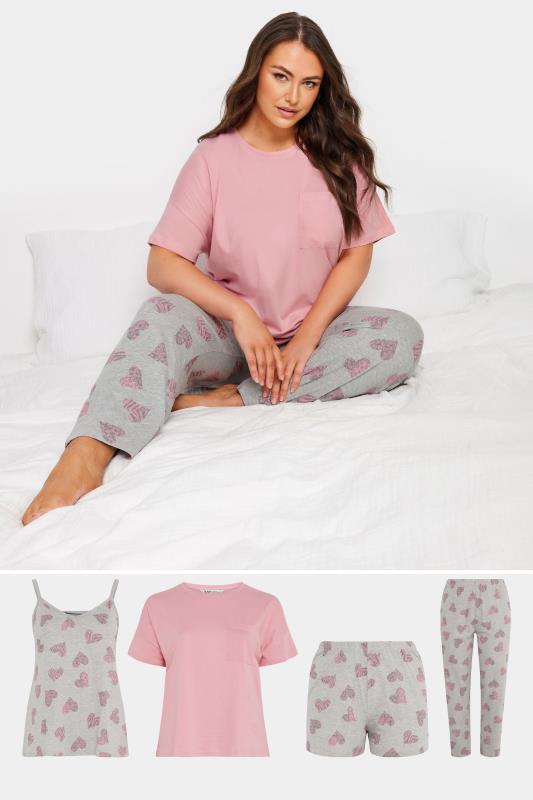 YOURS 4 PACK Plus Size Grey Love Heart Print Pyjama Set | Yours Clothing 1