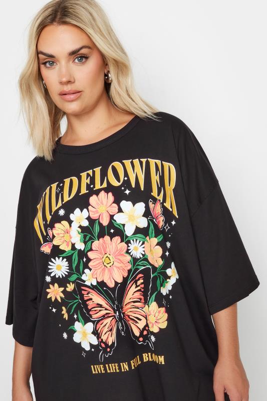 YOURS Plus Size Black 'Wildflower' Slogan Oversized T-Shirt | Yours Clothing 4