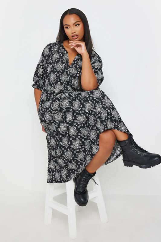 YOURS Plus Size Black Tile Print Tiered Midi Dress | Yours Clothing 1