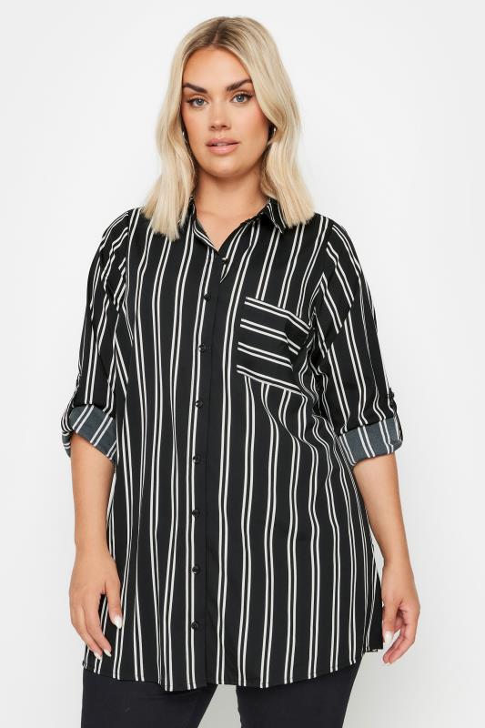 YOURS Plus Size Black Stripe Print Boyfriend Shirt | Yours Clothing  1