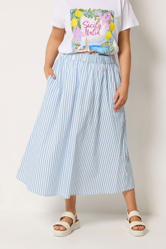 YOURS Curve Blue Stripe Poplin Skirt