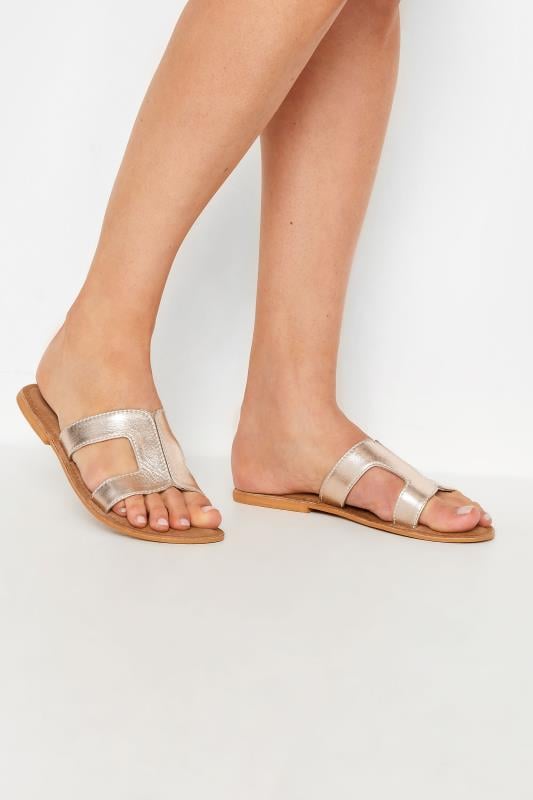 LTS Gold Leather Cut Out Mule Sandals In Standard Fit | Long Tall Sally 1