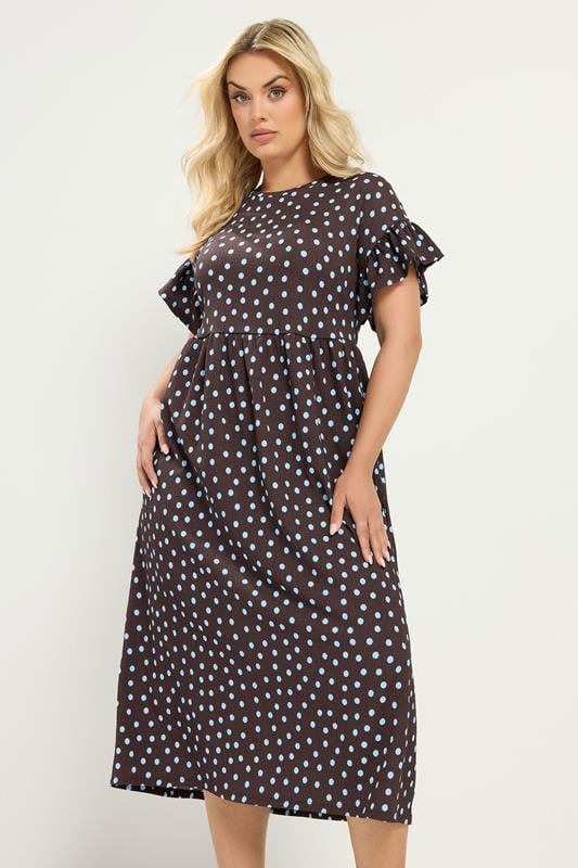 YOURS Curve Chocolate Brown Polka Dot Midi Dress