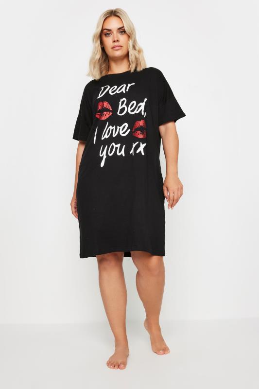 YOURS Plus Size Black 'Dear Bed' Slogan Sleep Tee Nightdress | Yours Clothing 2