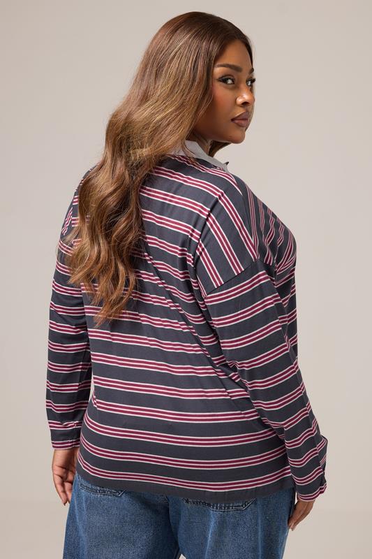 YOURS Plus Size Grey & Red Stripe Rugby Collar Top | Yours Clothing 4