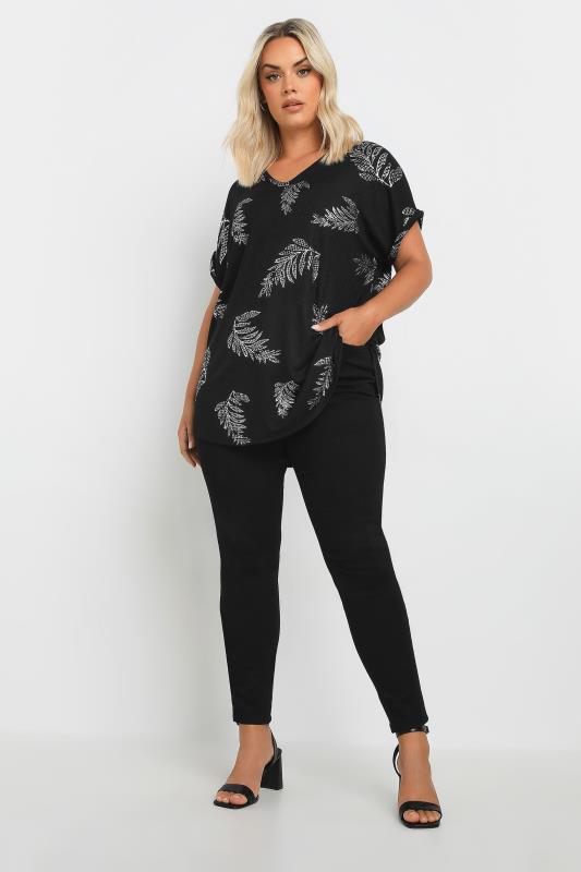 YOURS Plus Size Black Foil Leaf Print Top | Yours Clothing  2