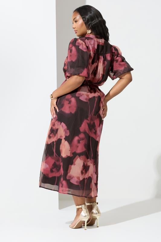 YOURS LONDON Plus Size Pink Blurred Floral Puff Sleeve Shirt Dress | Yours Clothing 2