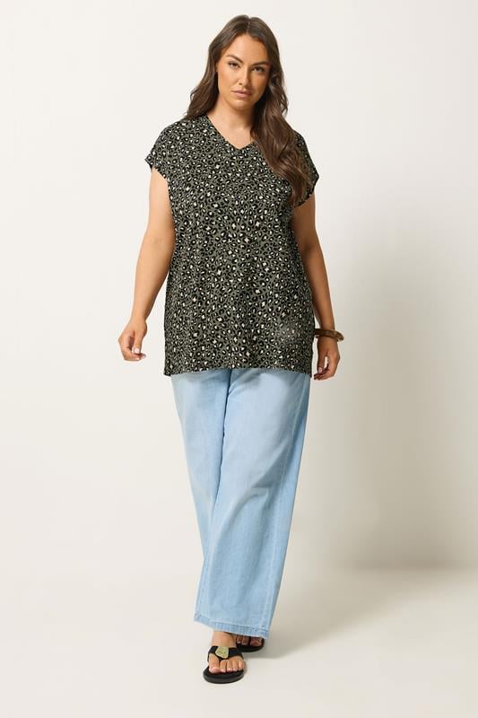 YOURS Plus Size Khaki Green Leopard Stud Pocket T-Shirt | Yours Clothing 1