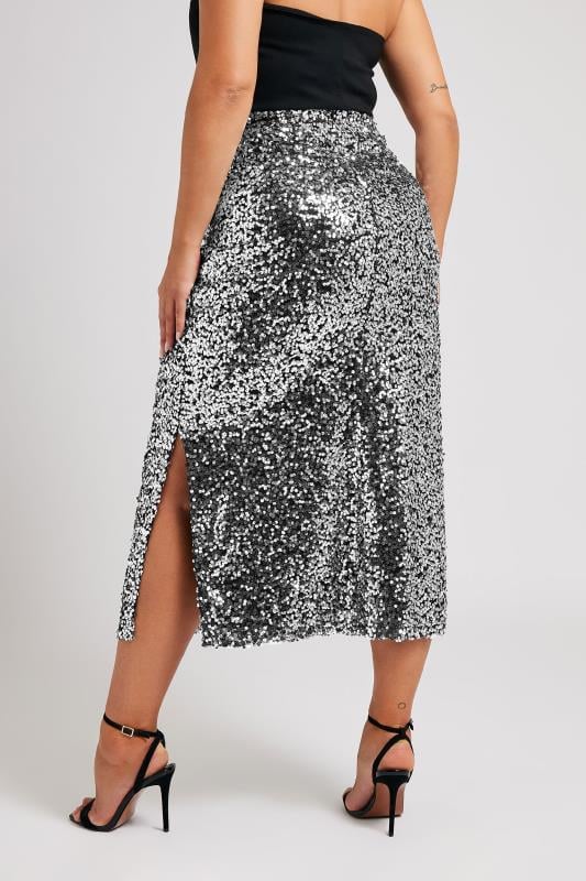 YOURS LONDON Plus Size Silver Sequin Embellished Maxi Skirt | Yours Clothing  4