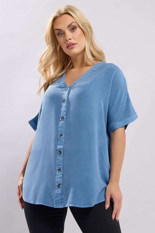  YOURS Curve Blue Chambray Button Through Blouse