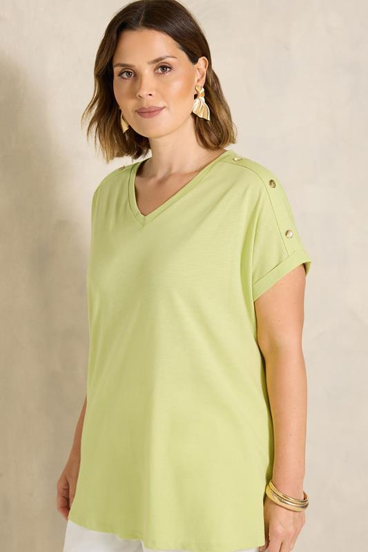  EVANS Curve Lime Green Button Shoulder T-Shirt