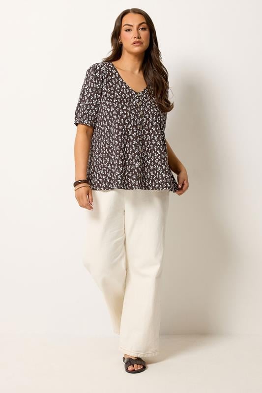 YOURS Plus Size Chocolate Brown Floral Button Front Top | Yours Clothing 1