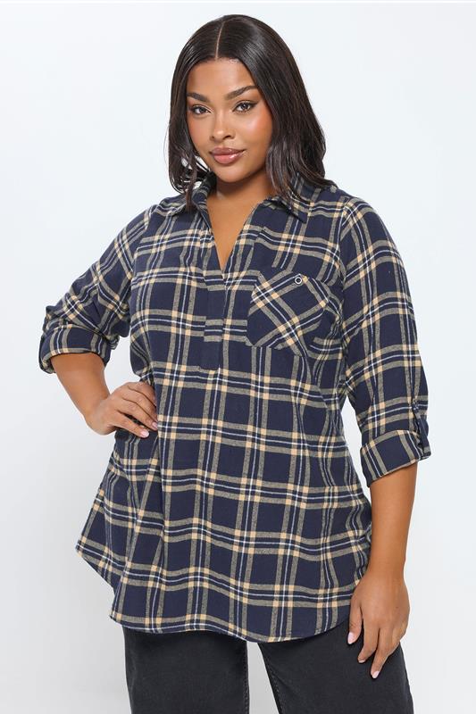  YOURS Curve Navy Blue & Beige Check Overhead Collared Shirt