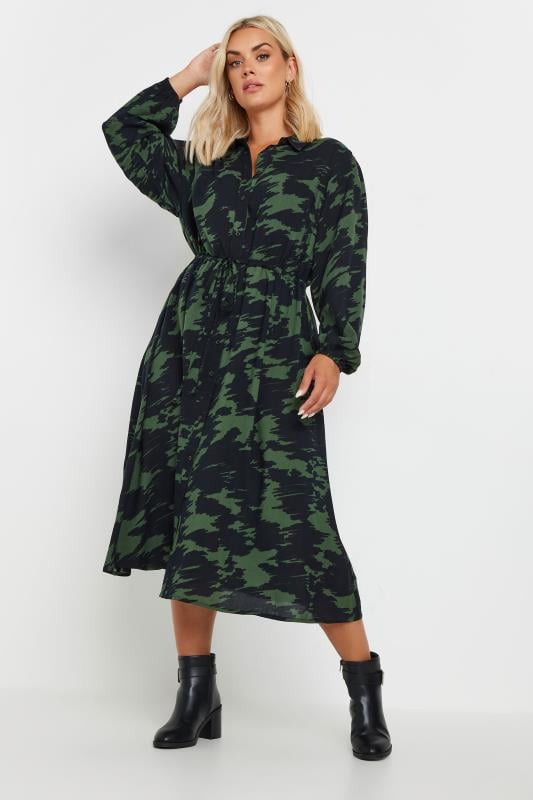 YOURS Plus Size Black & Green Abstract Print Shirt Dress | Yours Clothing  1