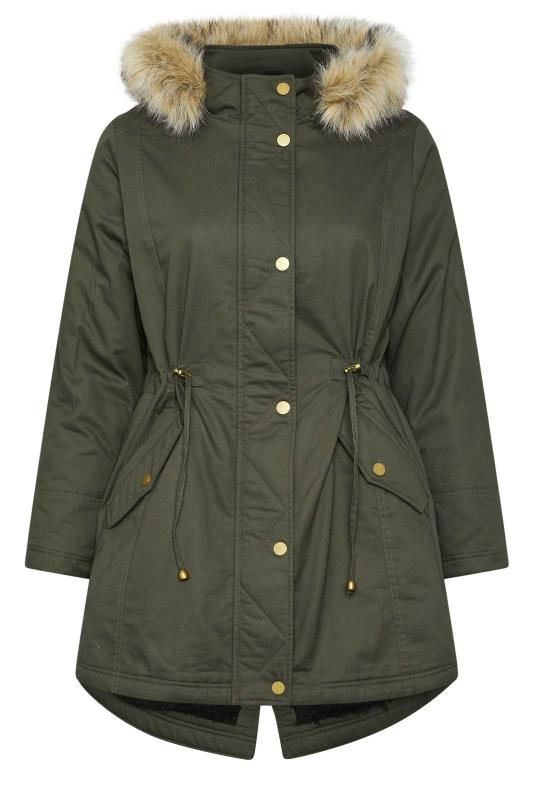 YOURS Plus Size Khaki Green Faux Fur Trim Parka Coat | Yours Clothing 5