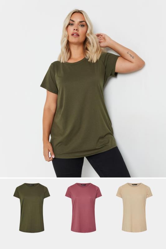 YOURS Plus Size 3 PACK Natural Brown & Green Core T-Shirts | Yours Clothing 1