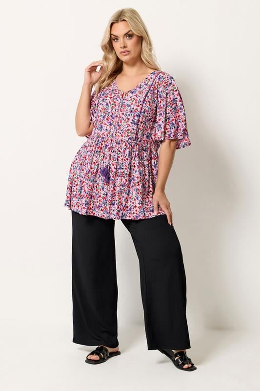 YOURS Plus Size Ditsy Pink Tie Neck Top | Yours Clothing 1