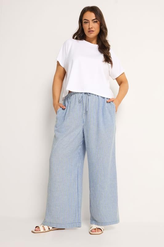 YOURS Curve Blue Stripe Linen Look Wide Leg Trousers