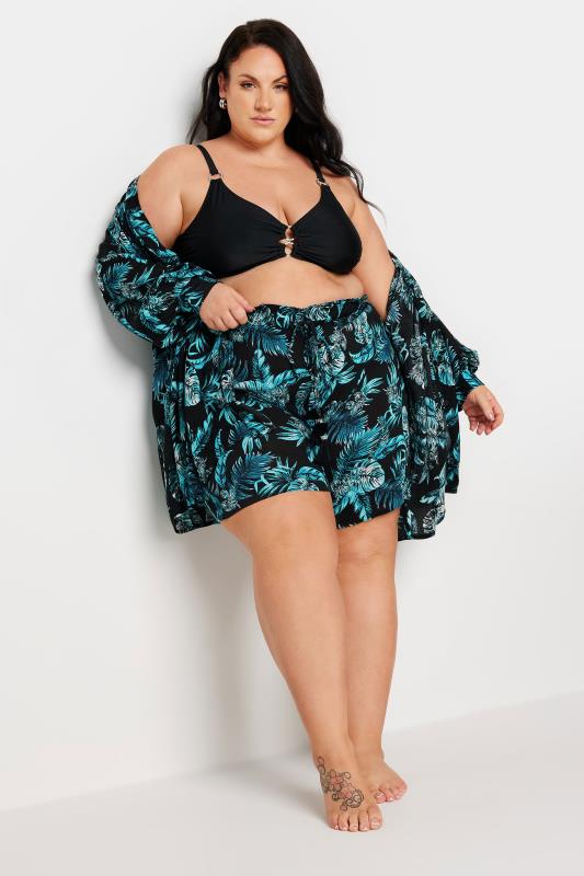 YOURS Plus Size Black Tropical Print Crinkle Tassel Shorts | Yours Clothing 3