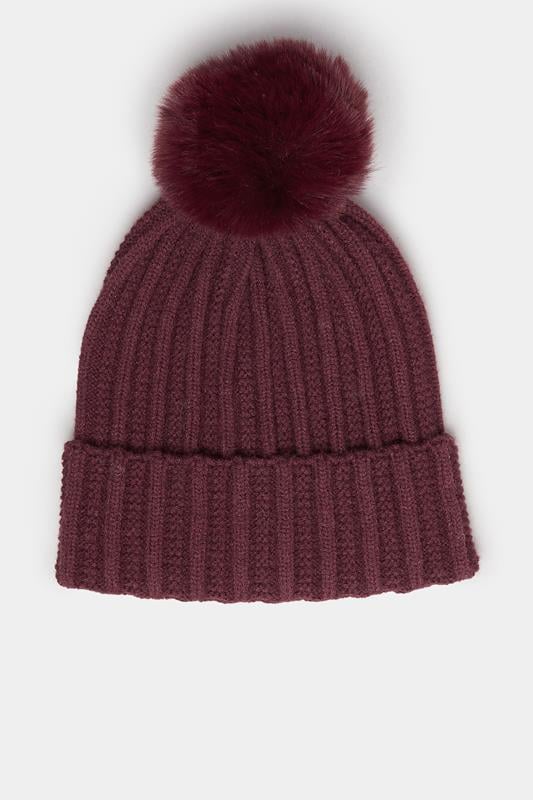  Yours Burgundy Red Faux Fur Pom Pom Bobble Hat