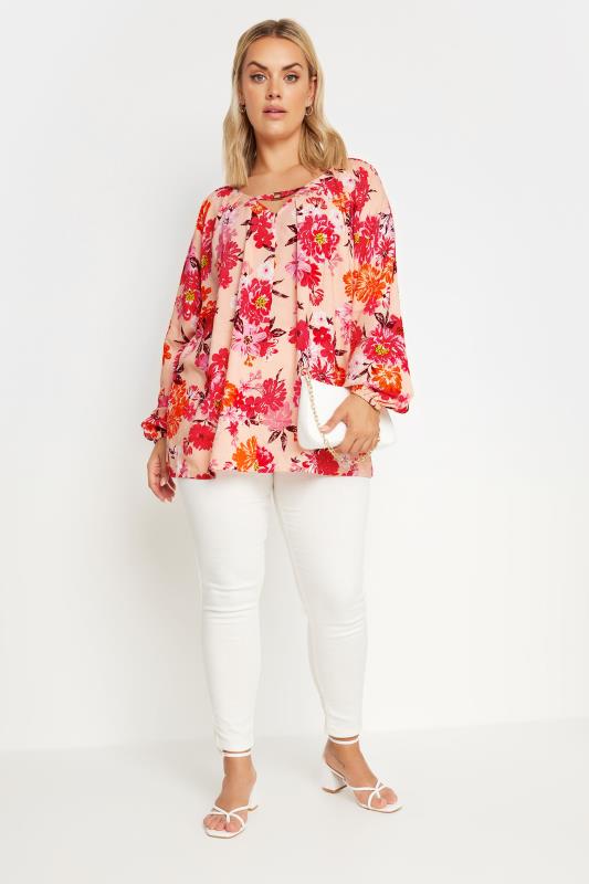YOURS Plus Size Pink Floral Print Balloon Sleeve Blouse | Yours Clothing  2