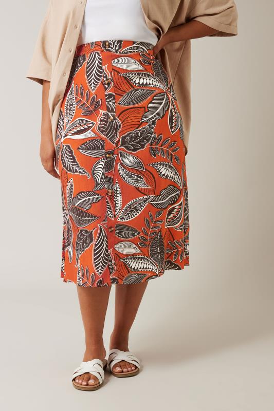 EVANS Plus Size Orange Leaf Print Linen Midi Skirt | Evans 2