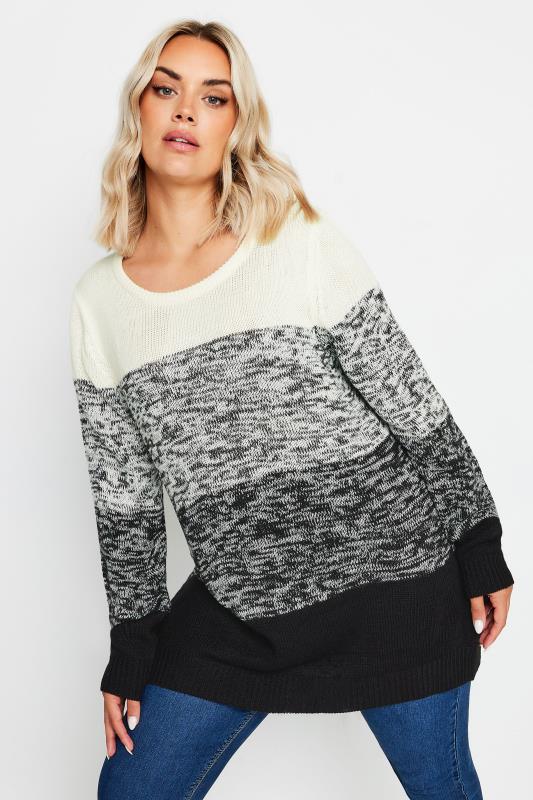 YOURS Plus Size Grey Colourblock Stripe Knitted Jumper | Yours Clothing 1