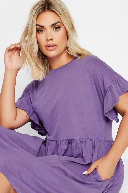 YOURS Plus Size Purple Acid Wash Frill Sleeve Mini Dress | Yours Clothing 4