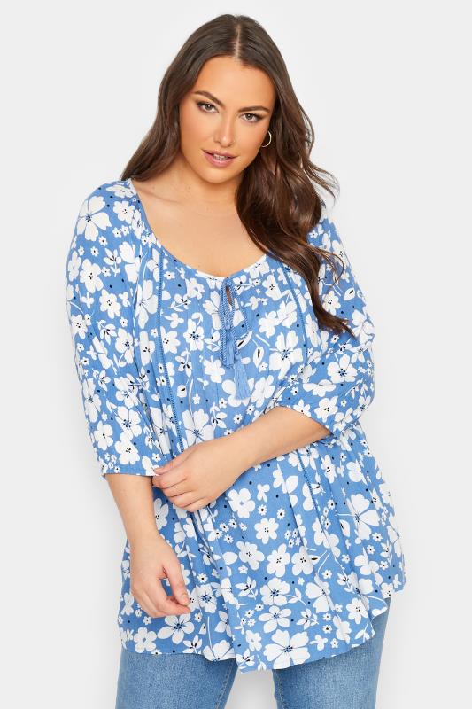 YOURS Plus Size Blue Floral Tie Neck Top | Yours Clothing 1