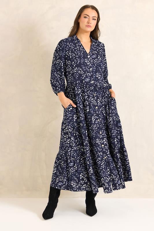 Plus Size  EVANS Curve Navy Blue Abstract Print Tiered Maxi Dress
