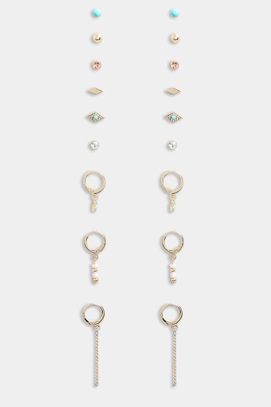 9 PACK Gold Stud & Hoop Earrings Set | Yours Clothing  2
