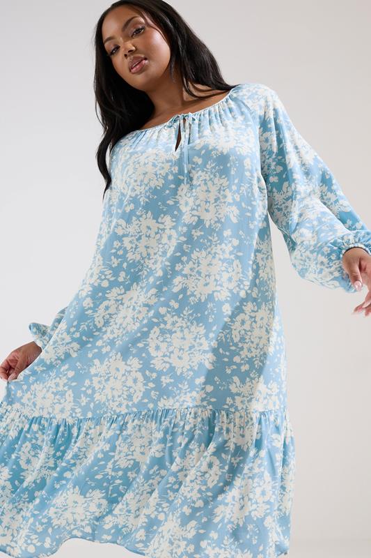 YOURS Plus Size Light Blue Floral Tie Neck Tiered Midi Dress | Yours Clothing 5