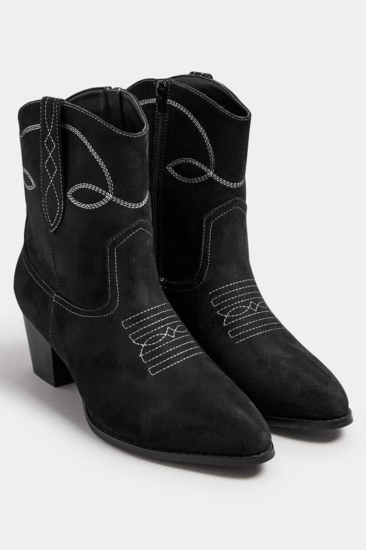 Black Faux Suede Contrast Stitch Western Heel Ankle Boots In Extra Wide EEE Fit | Yours Clothing 3