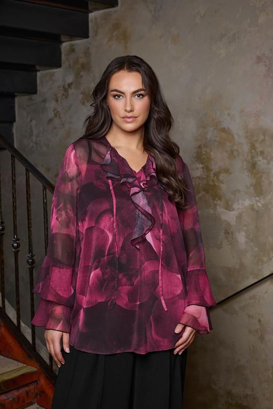 Plus Size  EVANS Curve Red Floral Print Tie Neck Blouse