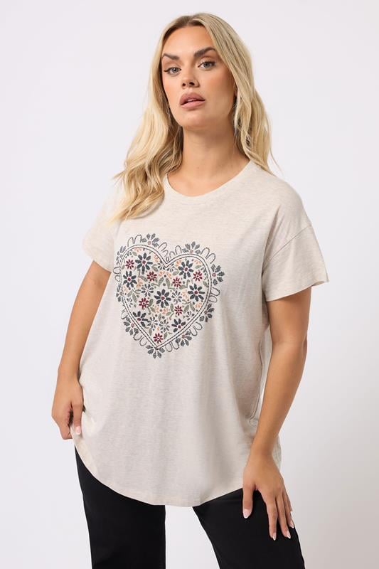 YOURS Plus Size Cream Floral Heart Embroidered T-Shirt | Yours Clothing 1