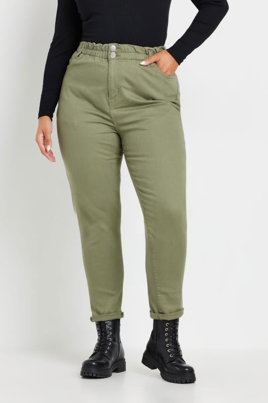 Plus Size Khaki Green Stretch Elasticated Waist MOM Jeans | Yours Clothing 1